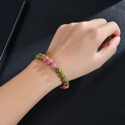 8mm Blue Veins Stone & Green Natural Stone Bracelet | Handmade Elastic Healing Beaded Jewelry with Flower Design Anaya