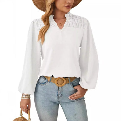 Women's Long Sleeve Chiffon Blouse – Pleated Woven Jacquard Shirt