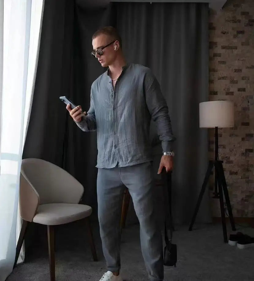 Men's Spring & Fall Two-Piece Suit | Casual Long-Sleeve Stand Collar Top & Pants Tobby