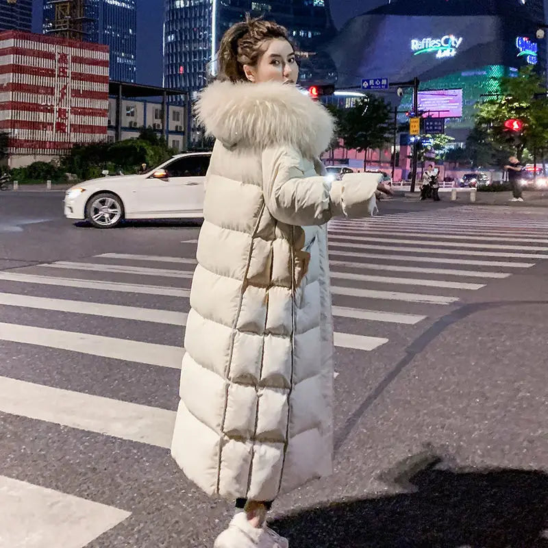 Women's Winter Over-Knee Long Coat - Loose Hooded Parka with Detachable Fur Collar, Thick Warm Cotton-Padded Jacket, Outerwear Jeanne