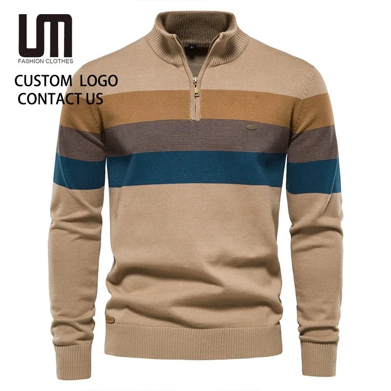Men's Casual Cotton Pullover Sweater - Warm Zipper Neck Patchwork Design for Everyday Style Gilbert
