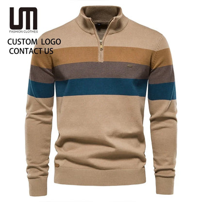 Men's Casual Cotton Pullover Sweater - Warm Zipper Neck Patchwork Design for Everyday Style Gilbert