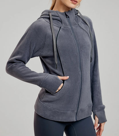 Women's Fleece Thickened Hoodie Jacket – Full Zip Winter Workout Top with Zipper Pocket, Warm Yoga Sweatshirt for Women