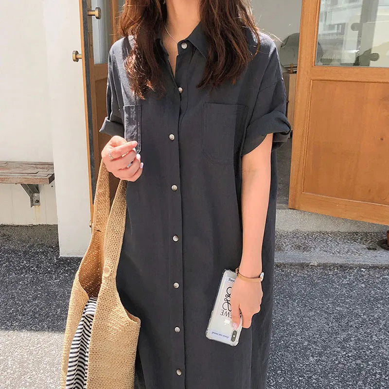 Korean Chic Summer Cotton Dress | Simple Lapel, Single-Breasted, Short-Sleeve Women's Fashion Mayella
