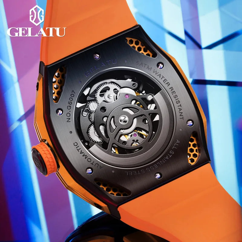 GELATU 6007 Men's Hollow Automatic Mechanical Skeleton Sports Watch with Silicone Strap - Original Design