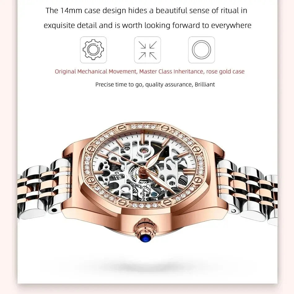 CHENXI Women’s Skeleton Diamond Automatic Watch | 8848 Luxury Stainless Steel Mechanical Wristwatch – Waterproof Bracelet for Girls & Women