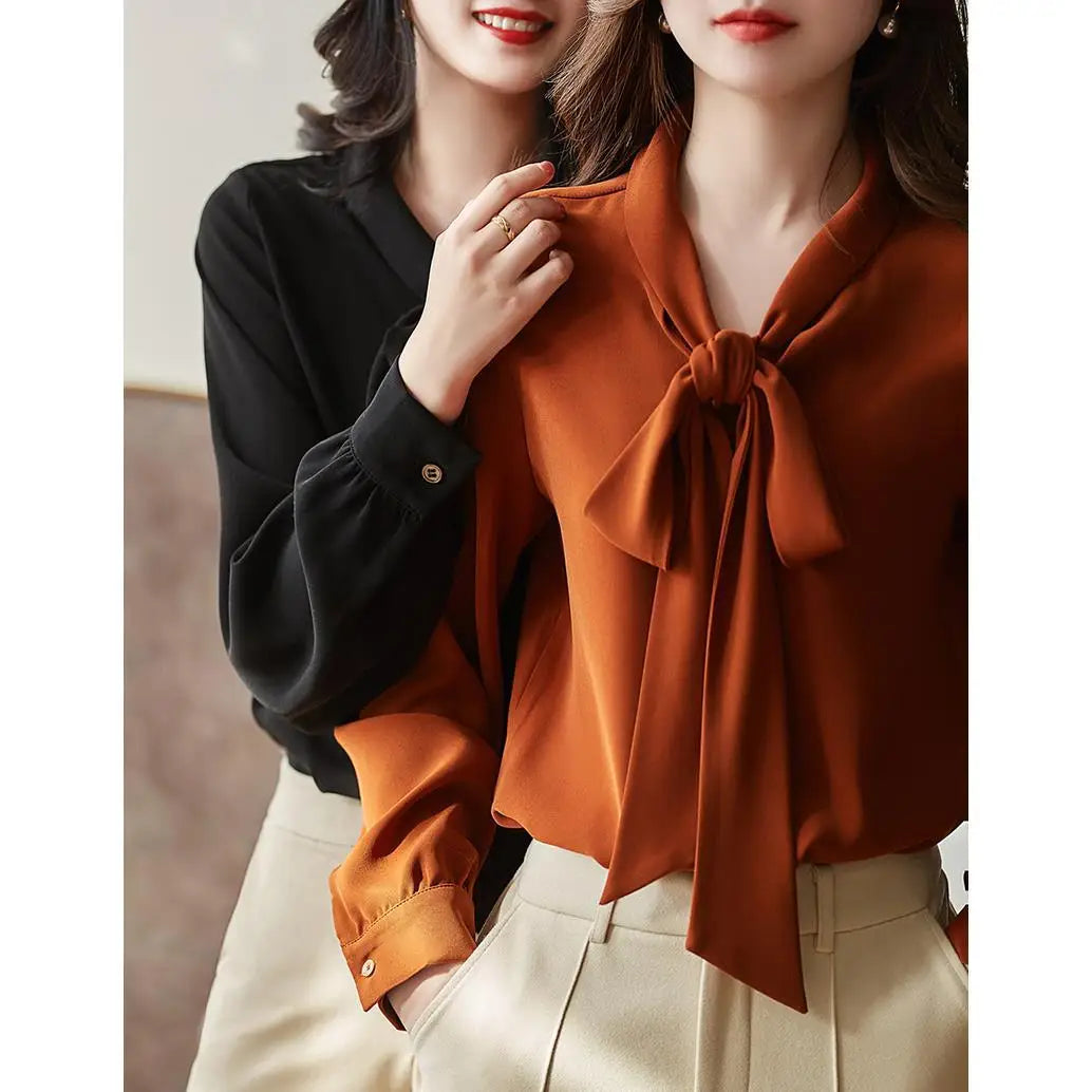 Women's Solid Color Bow Tie Blouse - Long Sleeve Casual Shirt, High-Quality Pullover Top