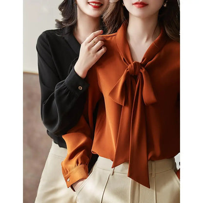 Women's Solid Color Bow Tie Blouse - Long Sleeve Casual Shirt, High-Quality Pullover Top
