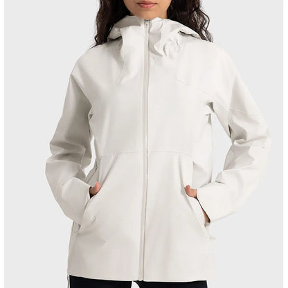 Women's Windproof Waterproof Hooded Jacket – Zip-Up High Neck Outdoor Jacket for Hiking, Climbing, and Adventure with Pockets Jackie