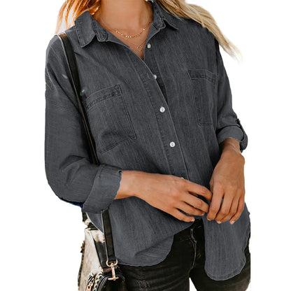 Women Denim Shirt Loose Double Pocket Long Pure Color Sleeve Versatile Shirt