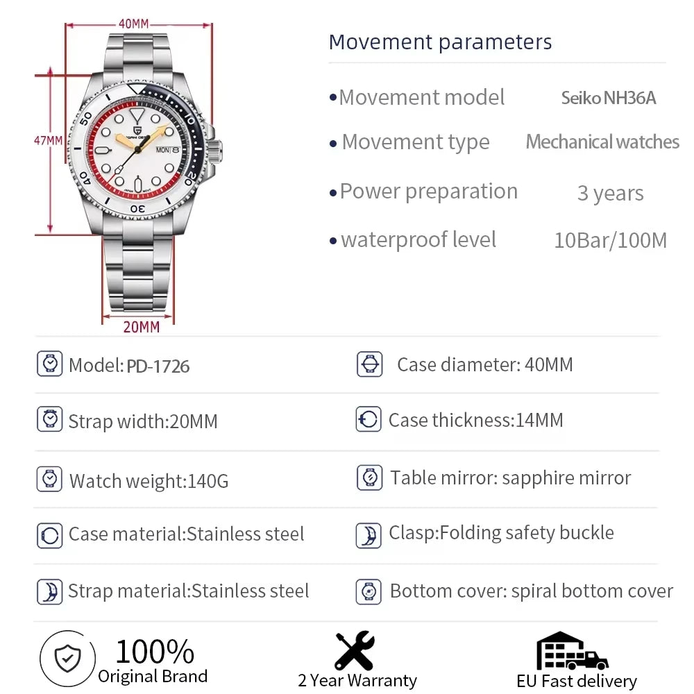 PAGANI DESIGN  1726 40mm Men’s Automatic Watch – NH36 Mechanical Wristwatch with Week Display, 100M Waterproof Sports Watch for Men