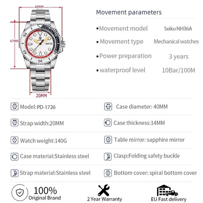 PAGANI DESIGN  1726 40mm Men’s Automatic Watch – NH36 Mechanical Wristwatch with Week Display, 100M Waterproof Sports Watch for Men