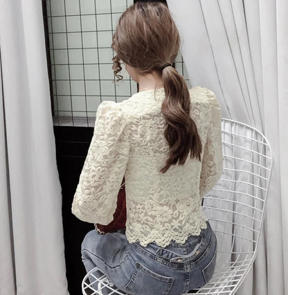 Women's Lace Shirt – Solid Color, Puff Long Sleeve, French V-Neck, Button-Down Mesh Transparent Casual Top
