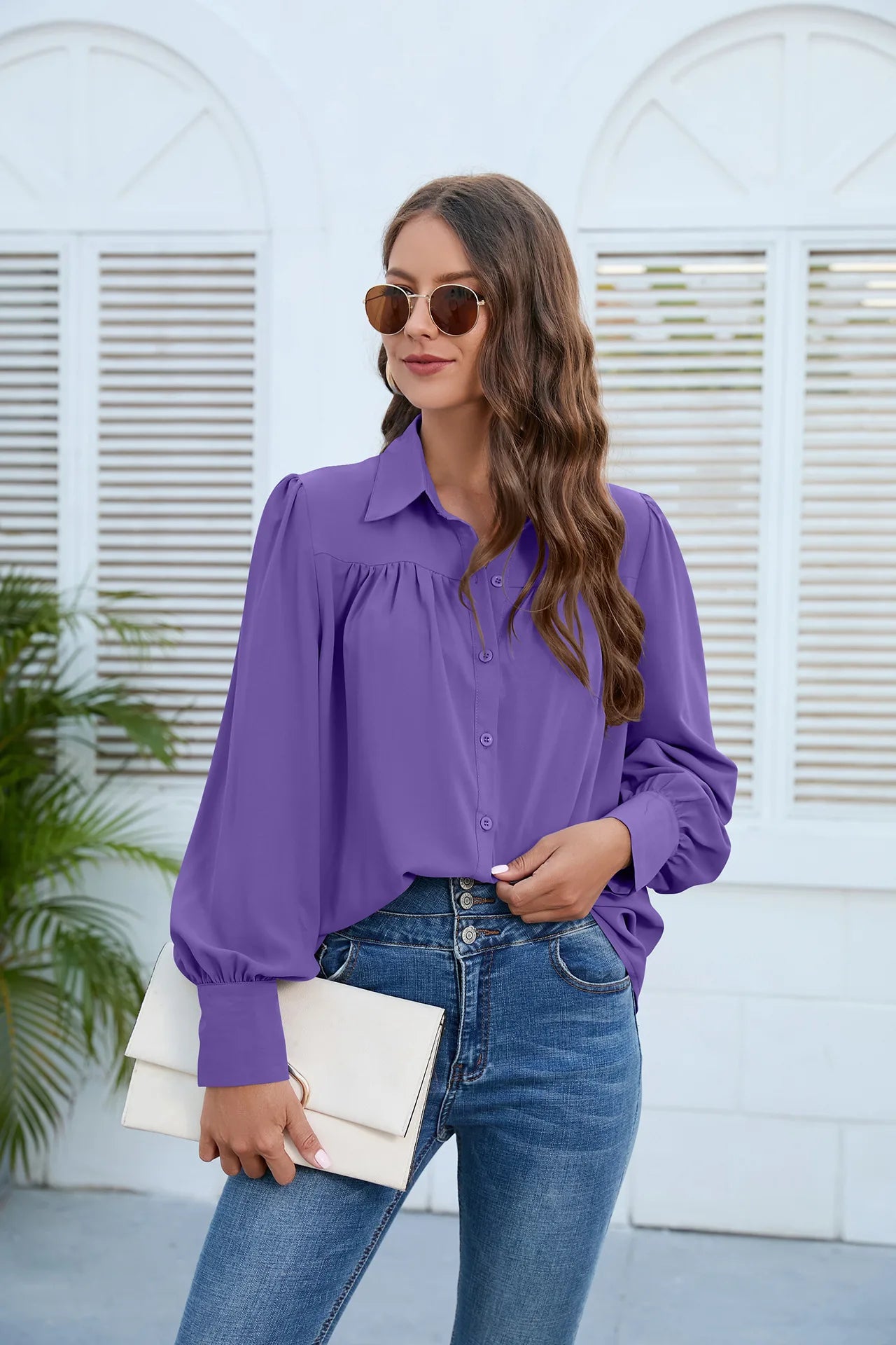 Women's Pleated Chiffon Shirt - Long-Sleeve Top Shaira