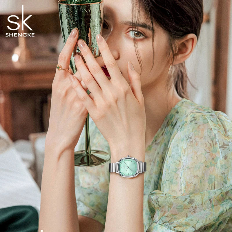 Shengke Women's Fashion Square Quartz Watch – Elegant Gold & Rose Gold Bracelet Watch, Minimalist Stainless Steel Design