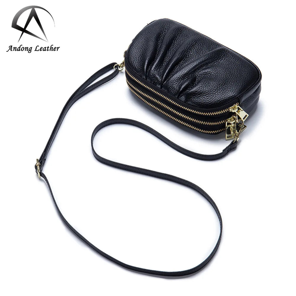 Women Genuine Cow Leather Shoulder Bag Simple Cowhide Large Phone Pocket Sling Bag Nelly
