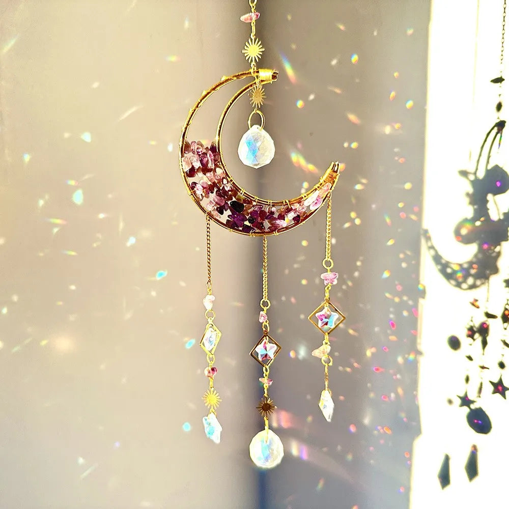 Natural Crystal Handmade Hanging Sun Catcher – Moon-Shaped Crystal Sun Catchers, Hanging Prisms & Rainbow Makers