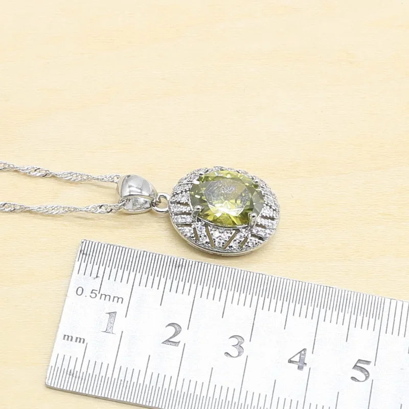 925 Sterling Silver Jewelry Set for Women – Olive Peridot & White Zircon Bracelet, Earrings, Necklace & Ring | Perfect for Parties & Weddings Coraline