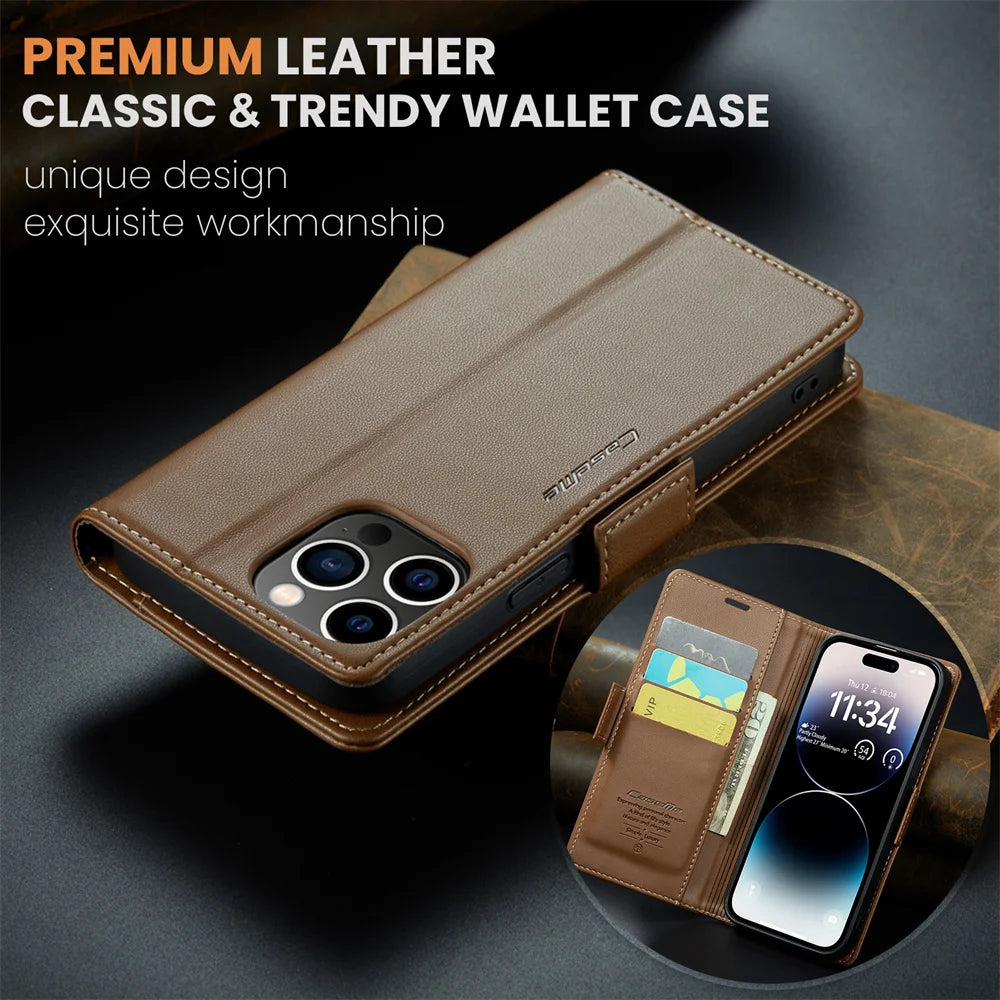 Magnetic Shockproof Leather Wallet Case – Luxury Kickstand with RFID Blocking for iPhone 14, 13, 12 Pro Max