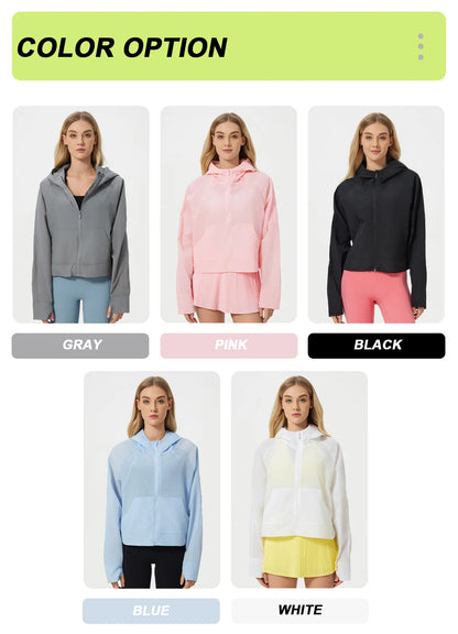 Lightweight Breathable Waterproof Sports Jacket | UPF 50+ Sun-Proof Anti-UV Hooded Yoga Jacket for Adults