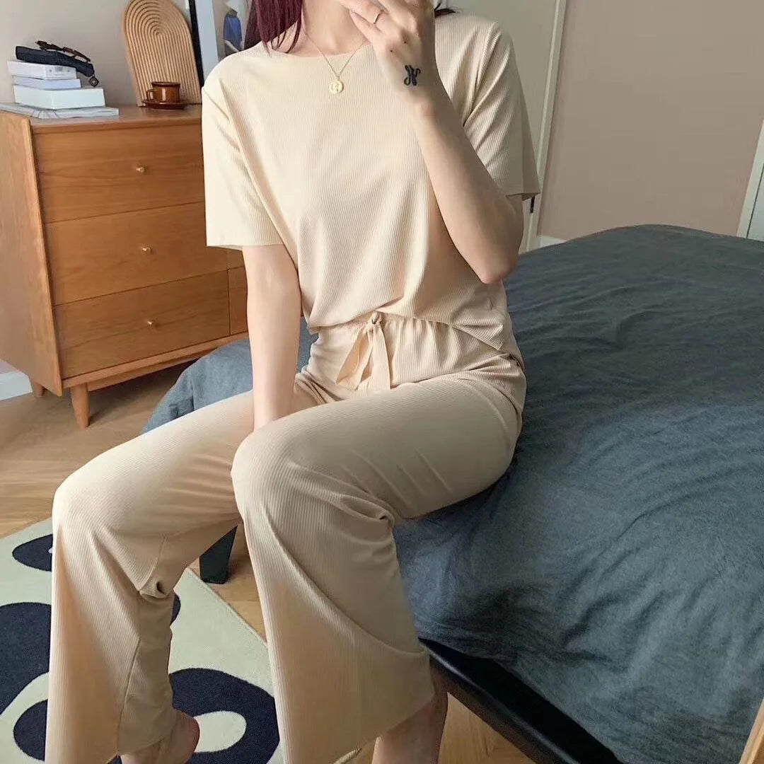 Women's Summer Casual Two-Piece Set – Solid Color Short Sleeve T-Shirt and Wide-Leg Trousers
