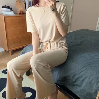Women's Summer Casual Two-Piece Set – Solid Color Short Sleeve T-Shirt and Wide-Leg Trousers