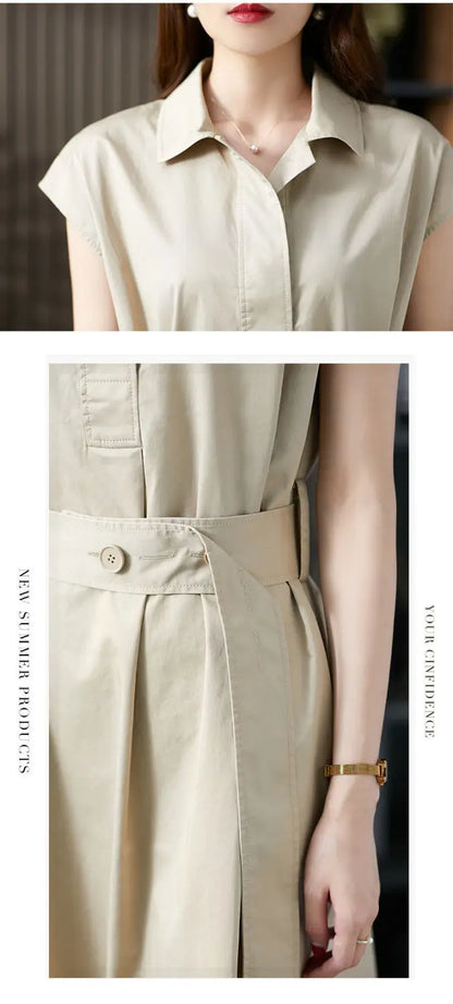 Summer Women's Solid Color Short Sleeve Shirt Dress – Waist Tie, Loose Fit, Slim and Stylish Design Zélie