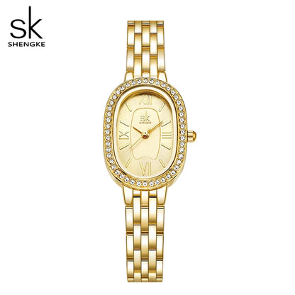 Shengke Women's Luxury Oval Crystal Watch – Elegant Diamond-Accented Fashion Wristwatch with Alloy Bracelet for Girls and Women