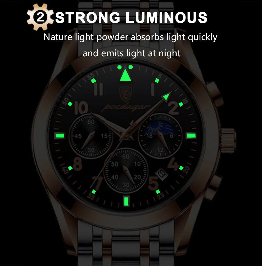 POEDAGAR 816 Men's Quartz Chronograph Watch – Steel Strap, 6 Hands, Luminous
