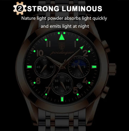 POEDAGAR 816 Men's Quartz Chronograph Watch – Steel Strap, 6 Hands, Luminous