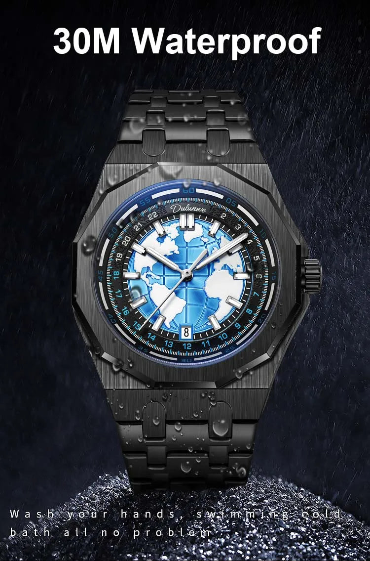 Luxury Men’s Automatic Watch – Stainless Steel Band, Waterproof Mechanical Wristwatch with Custom Earth Dial Edmund