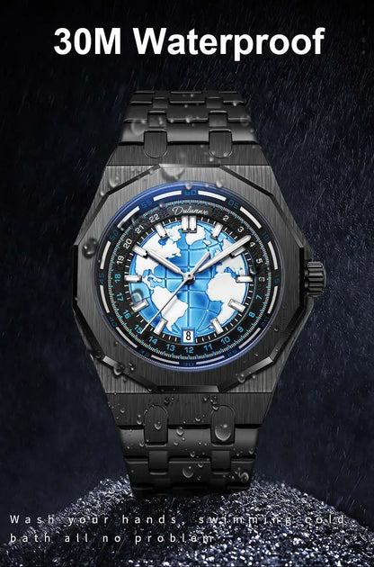 Luxury Men’s Automatic Watch – Stainless Steel Band, Waterproof Mechanical Wristwatch with Custom Earth Dial Edmund