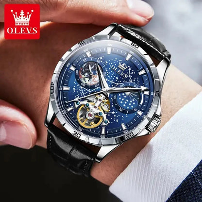 OLEVS 6689 Men's Automatic Mechanical Watch – Luxury Skeleton Design with Starry Sky Dial, Multifunctional Features, Stainless Steel, and Leather Strap