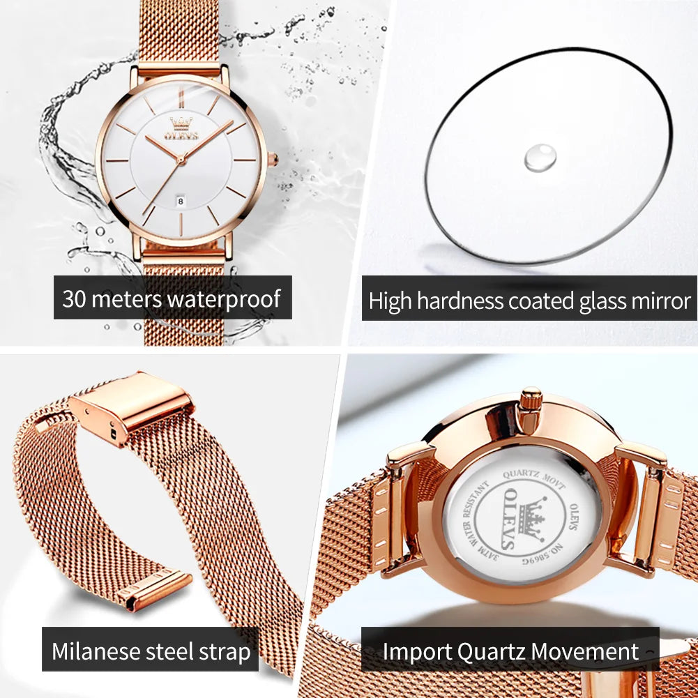 OLEVS 5869 Women’s Quartz Watch – Waterproof, Ultra-Thin, Mesh Steel Strap, Elegant Luxury Design