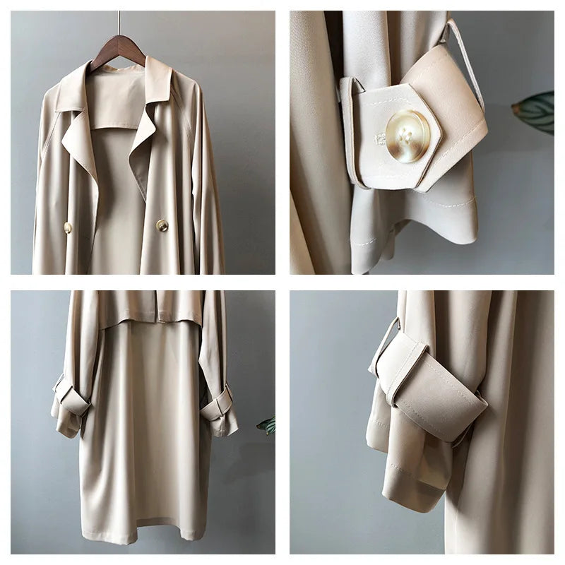 Women's Long Thin Trench Coat - Korean Style, Loose Fit, Solid Color, Over-the-Knee Design Adelein