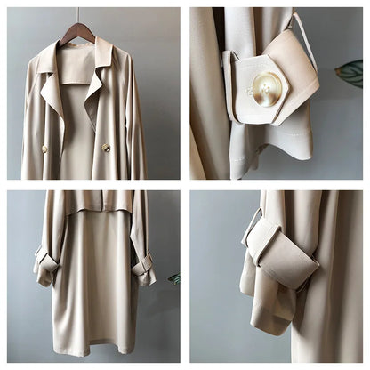 Women's Long Thin Trench Coat - Korean Style, Loose Fit, Solid Color, Over-the-Knee Design Adelein