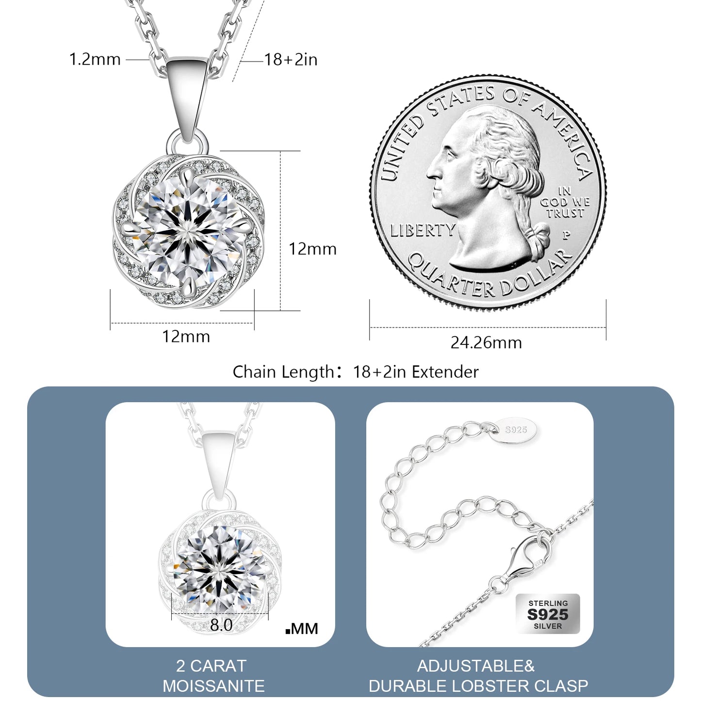 1 Carat Moissanite Pendant Necklace – 925 Sterling Silver White Gold-Plated VVS Round Solitaire Halo Moissanite Diamond Chain