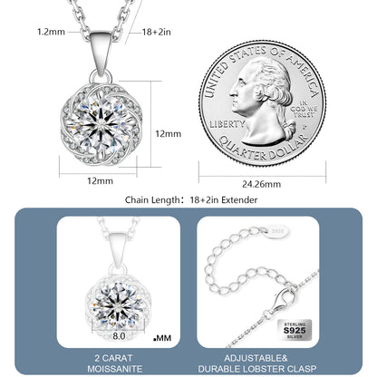 1 Carat Moissanite Pendant Necklace – 925 Sterling Silver White Gold-Plated VVS Round Solitaire Halo Moissanite Diamond Chain