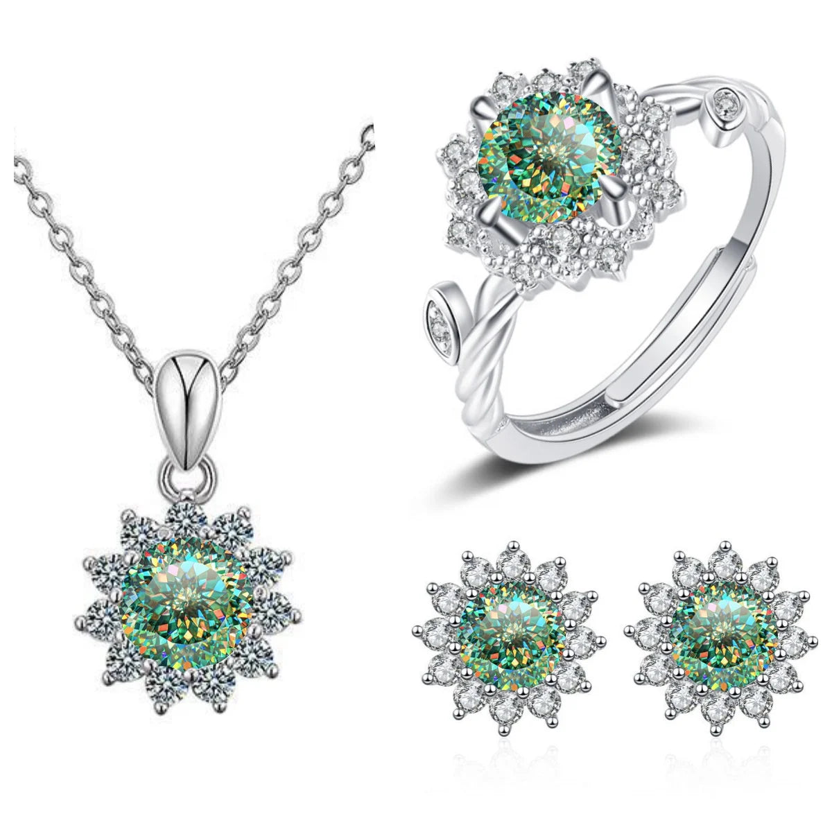 S925 Sterling Silver Stud Earrings & Pendant Set | 1 Carat Moissanite Necklace | Classic Sunflower Design | Perfect Valentine’s Day Gift Serafina
