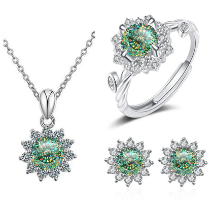 S925 Sterling Silver Stud Earrings & Pendant Set | 1 Carat Moissanite Necklace | Classic Sunflower Design | Perfect Valentine’s Day Gift Serafina