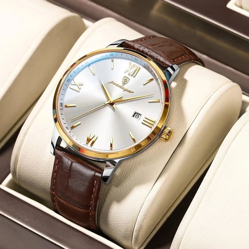 POEDAGAR 826 Leather Quartz Watch – Luxury Waterproof Sports Watch for Men, Business Wristwatch with Date Display Samuel