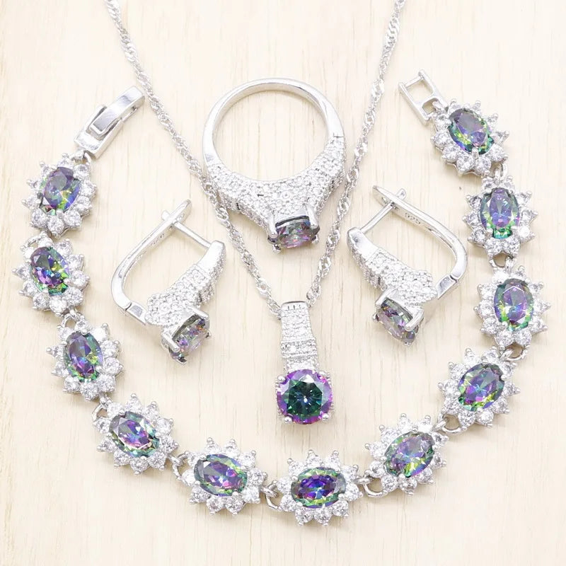 Trendy 925 Sterling Silver Jewelry Set – Luxury Rainbow Cubic Zircon Earrings & Pendant Necklace | Classic Bridal Wedding & Party Design Lucille