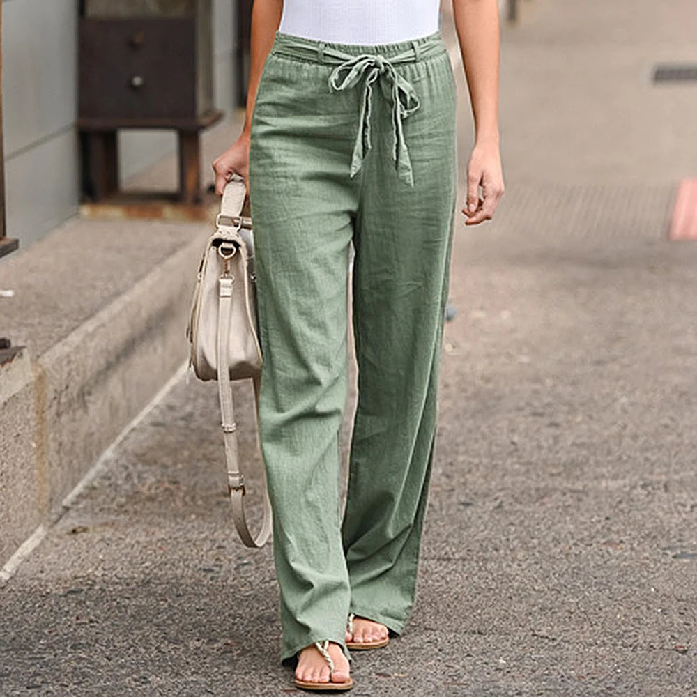 Women Linen Cotton Pants Wide Leg Casual Summer Solid Color