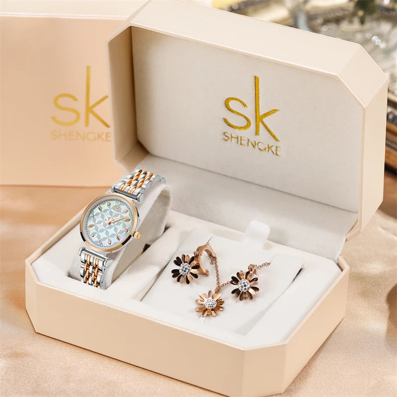 Shengke Women’s Waterproof Quartz Watch Set – Elegant Necklace & Earrings Jewelry Gift Thalia