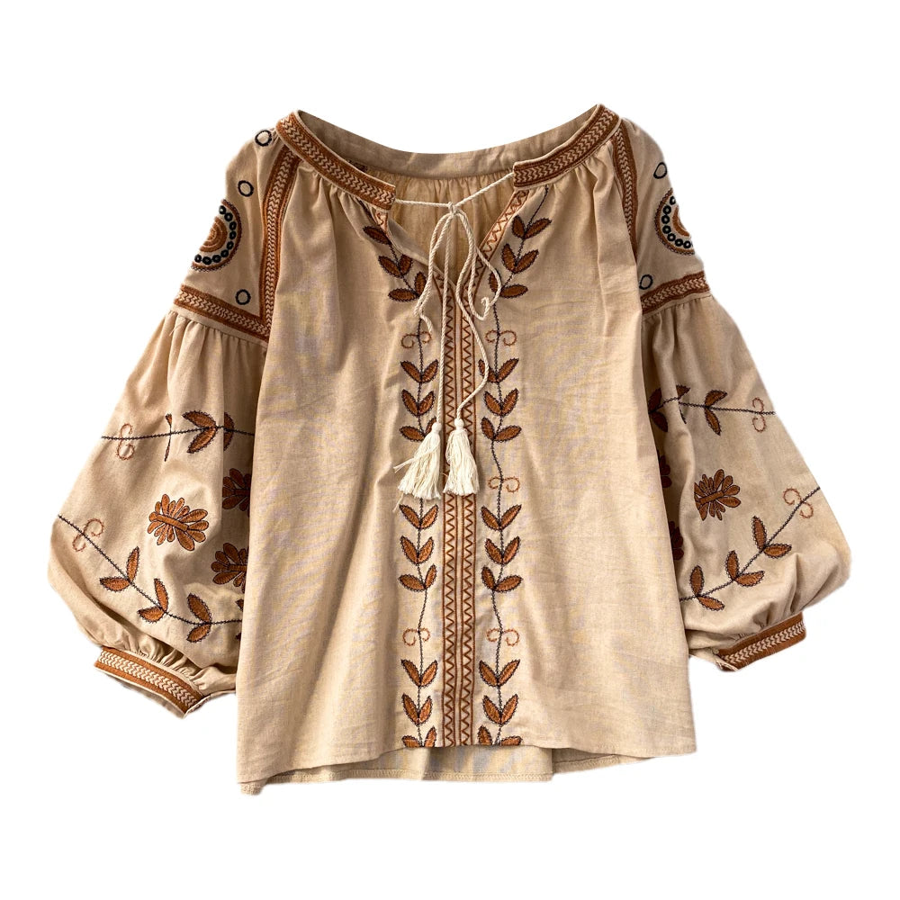 Women's Blouse Retro Ethnic Style Long Sleeve Round Neck Loose Embroidered Cotton Hemp Pullover Shirt