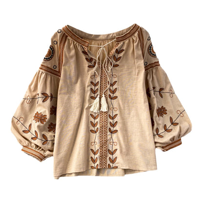 Women's Blouse Retro Ethnic Style Long Sleeve Round Neck Loose Embroidered Cotton Hemp Pullover Shirt