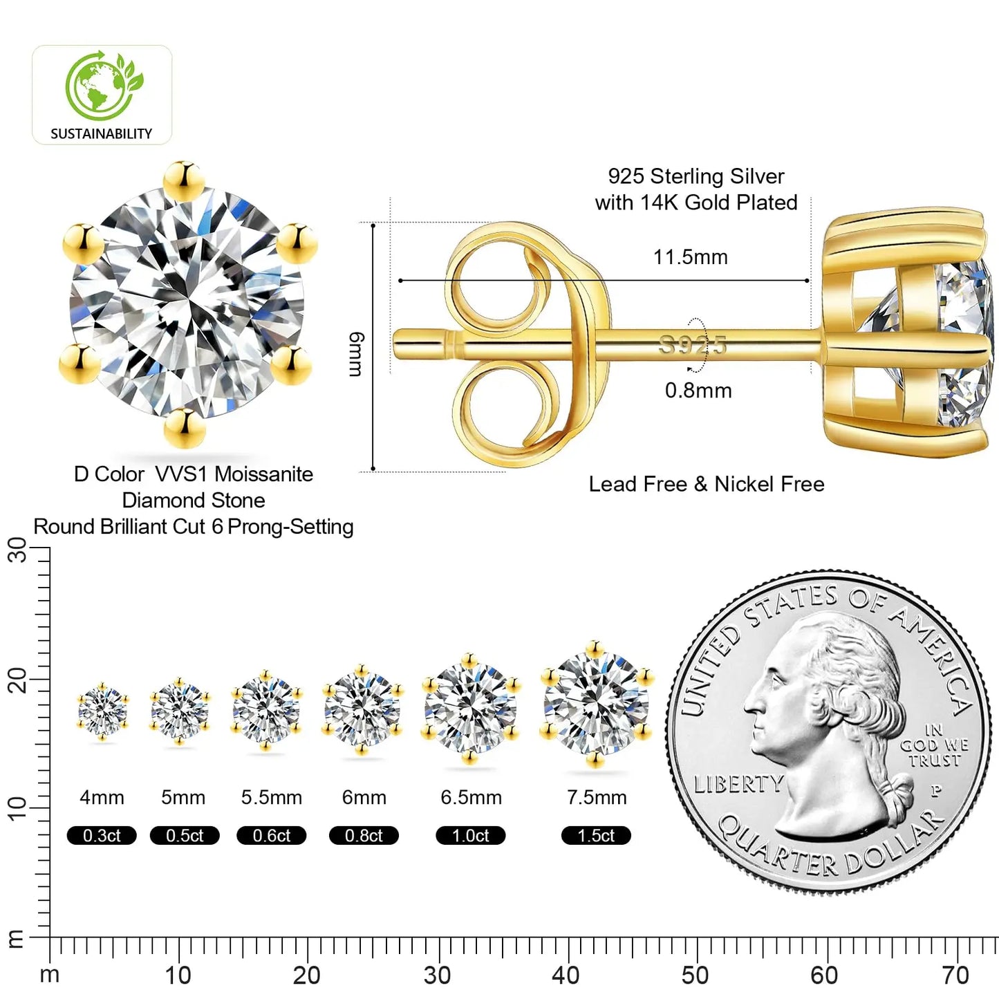 Sparkly Moissanite Stud Earrings - 925 Sterling Silver & 14K White Gold Jewelry for Men and Women