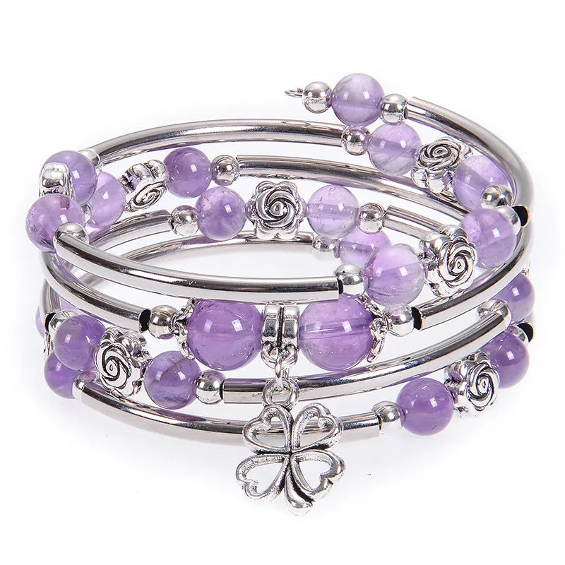 Fashion Multilayer Natural Stone Beaded Bracelet – 6MM/8MM Pink Zebra Stone with Flower Pendant | Handmade Wrap Jewelry for Women Marielle