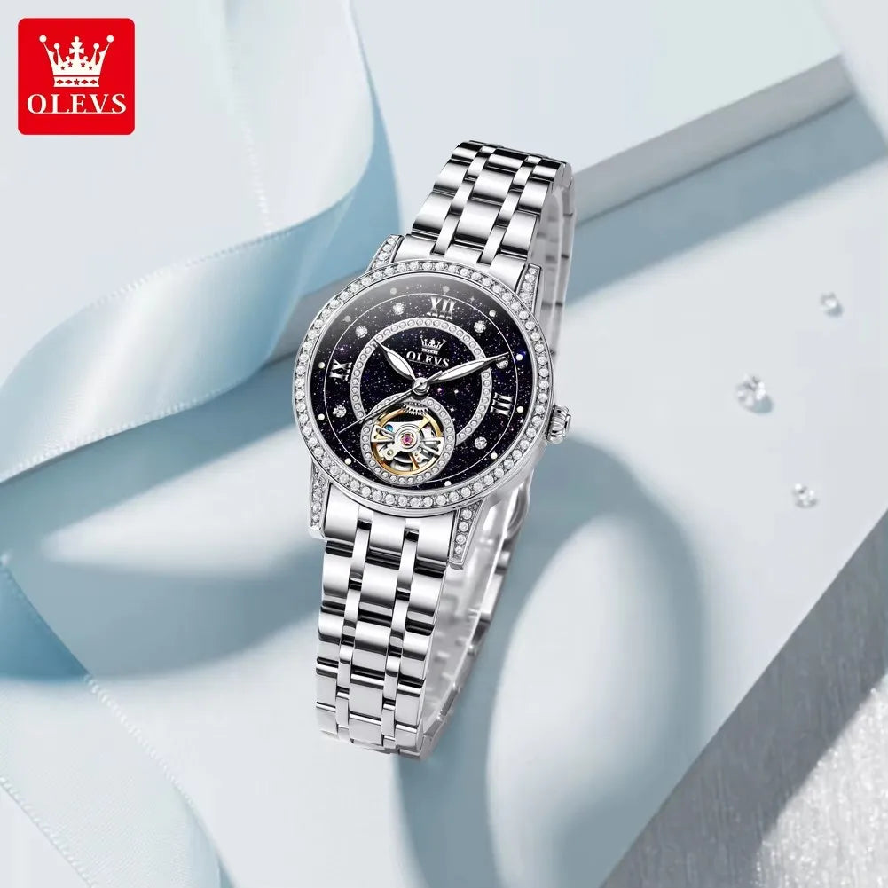 OLEVS 7036 Women’s Skeleton Mechanical Watch – Diamond Bezel Elegant Automatic Ladies Wristwatch