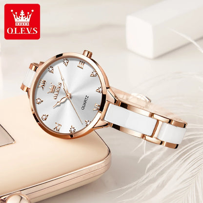 OLEVS 5872 Elegant White Ladies Quartz Watch: Designer Steel Strap Ceramic Business Wristwatch | Stylish & Popular for Sale